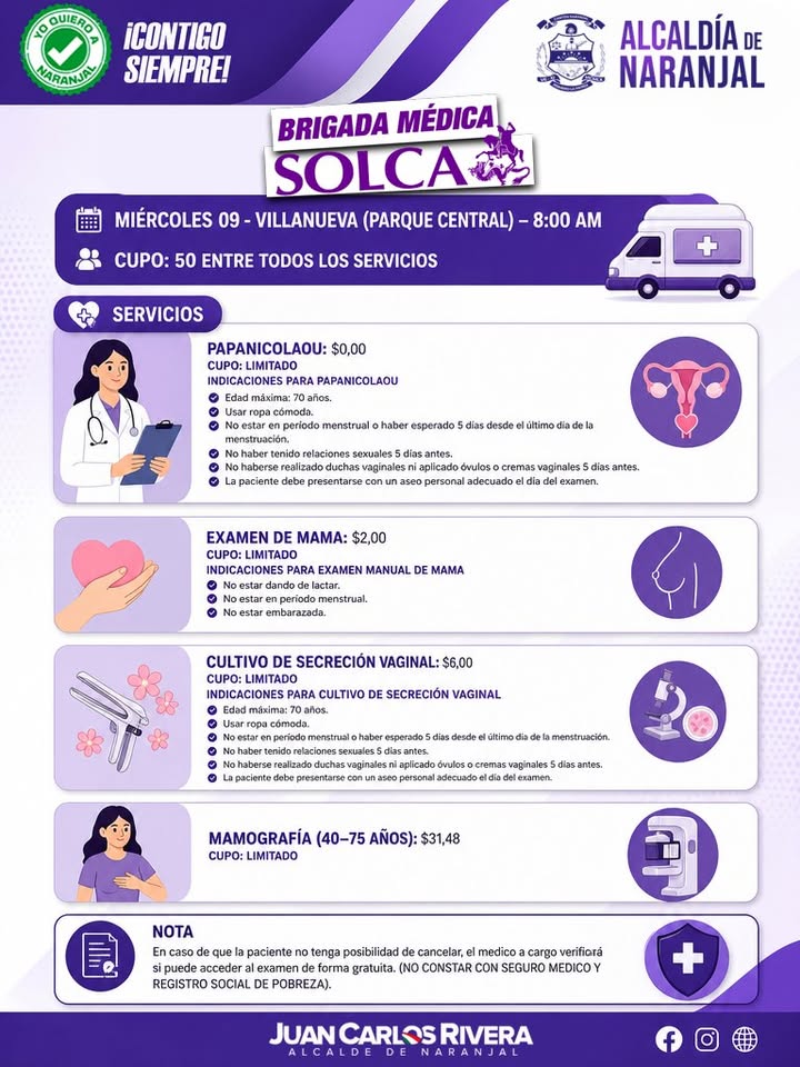 Jornada gratuita y económica de SOLCA para mujeres de Naranjal este 9 de septiembre