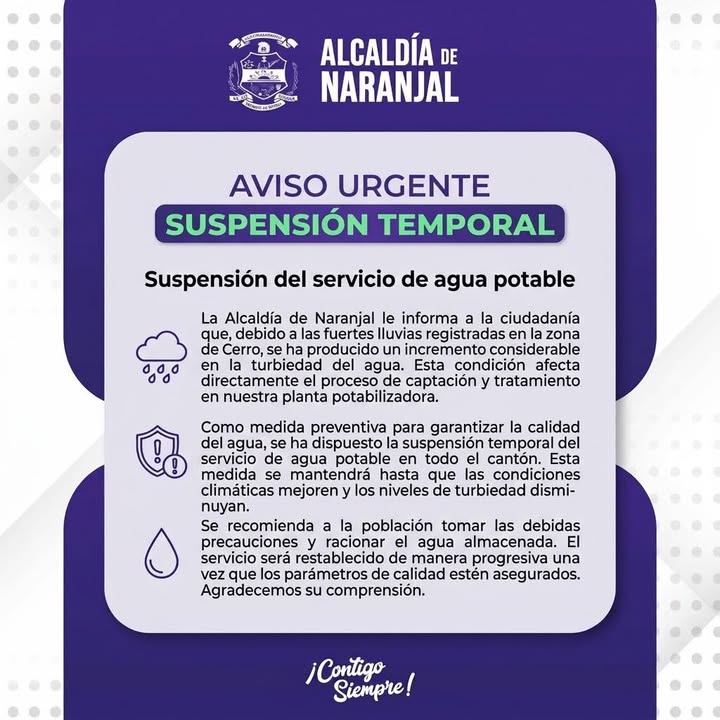 Naranjal suspende el agua por lluvias y turbiedad; racionen lo almacenado