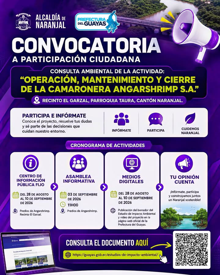 Naranjal abre consulta ambiental para el cierre de la camaronera Angarshrimp
