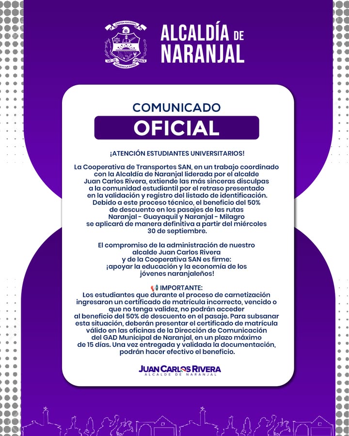 Descuento del 50% en buses a Guayaquil y Milagro para estudiantes de Naranjal