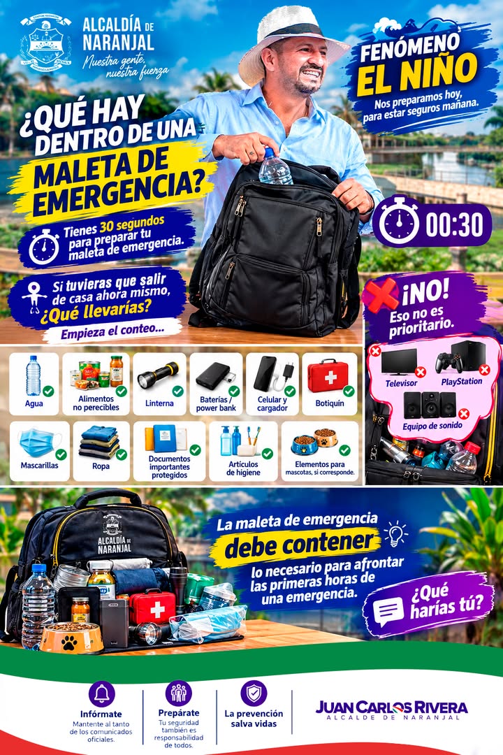 Alcaldía de Naranjal recomienda preparar mochila de emergencia por El Niño