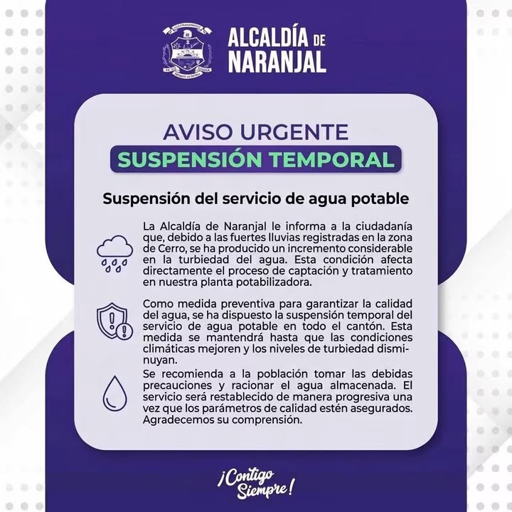 Naranjal suspende el agua por lluvias y turbiedad; racionen lo almacenado