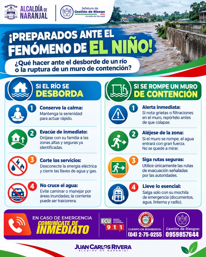 Alcaldía de Naranjal comparte guía de seguridad ante el Fenómeno de El Niño