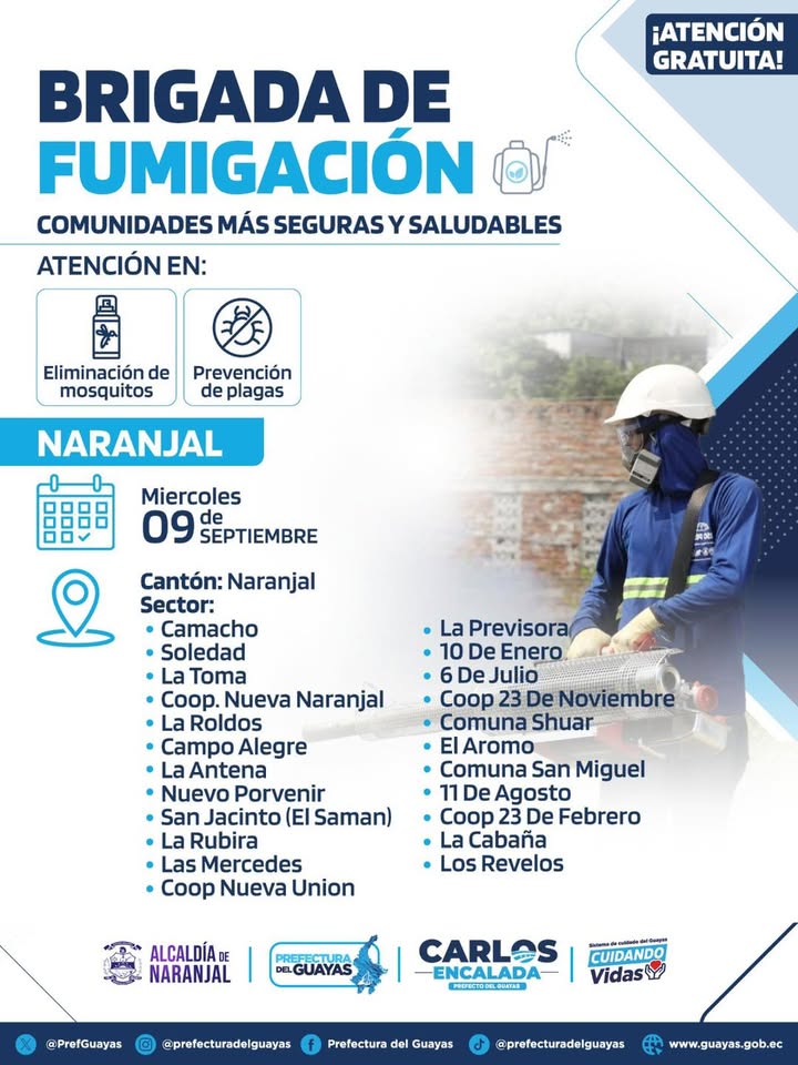 Naranjal activa brigada de fumigación este miércoles con apoyo de la Prefectura del Guayas