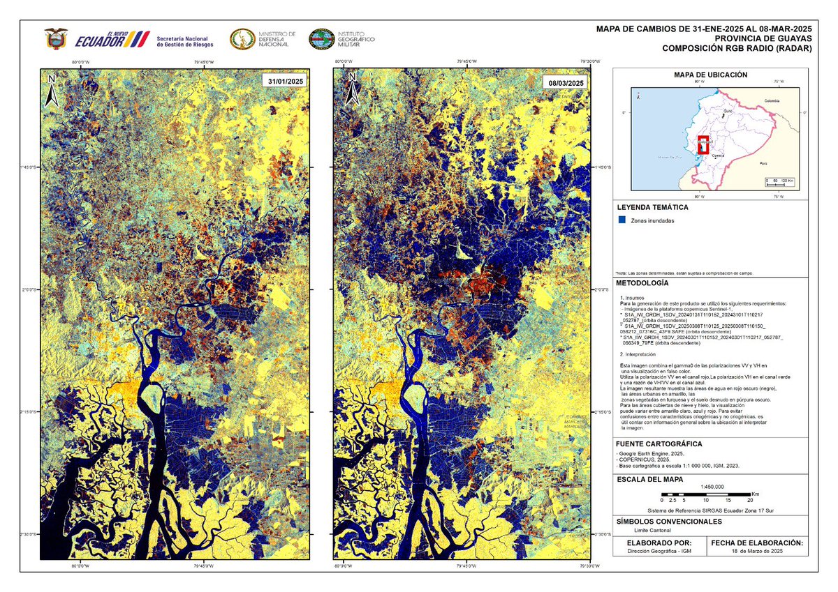 Satélites del Charter identifican zonas inundadas en Guayas y Los Ríos