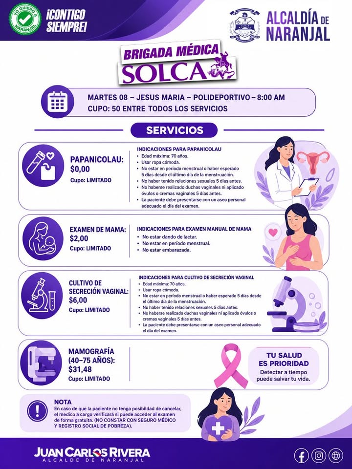 Brigada médica de SOLCA llega a Jesús María con precios accesibles y cupos limitados