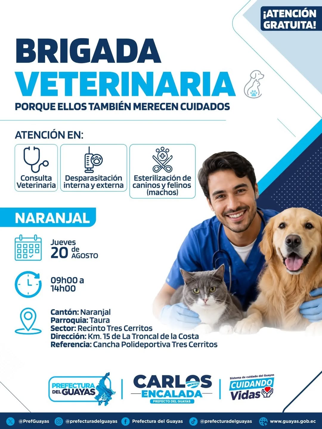 Brigadas gratuitas de salud animal y preventiva llegan a Tres Cerritos en Taura