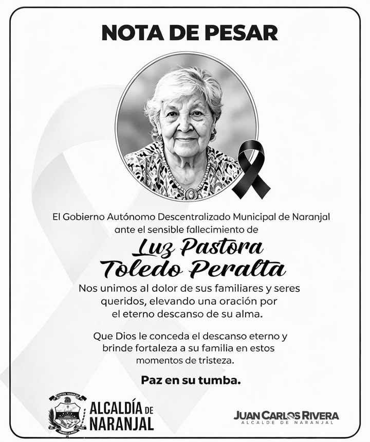 Naranjal honra a Luz Pastora Toledo Peralta con nota de pesar