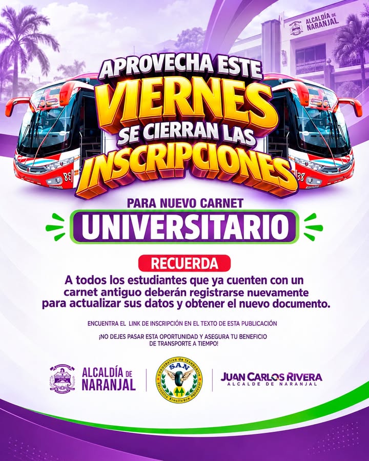 Último día para renovar el carnet universitario con transporte gratuito en Naranjal