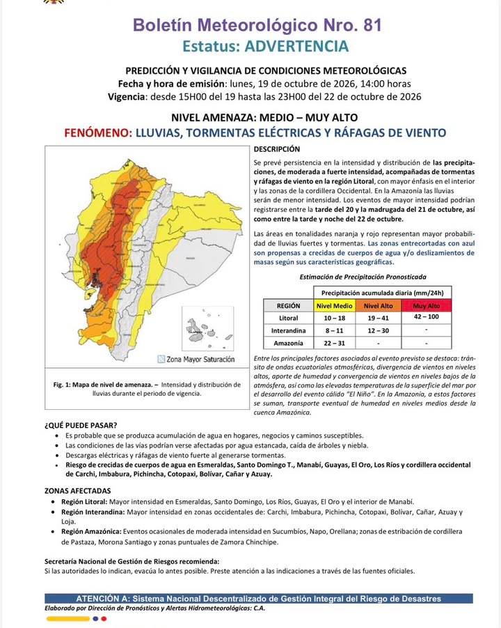 Alcaldía de Naranjal advierte sobre lluvias fuertes y tormentas hasta el 22 de octubre