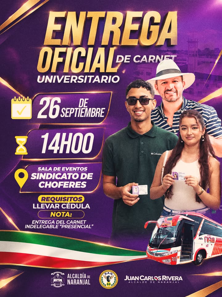Entrega oficial del carnet universitario en Naranjal este sábado