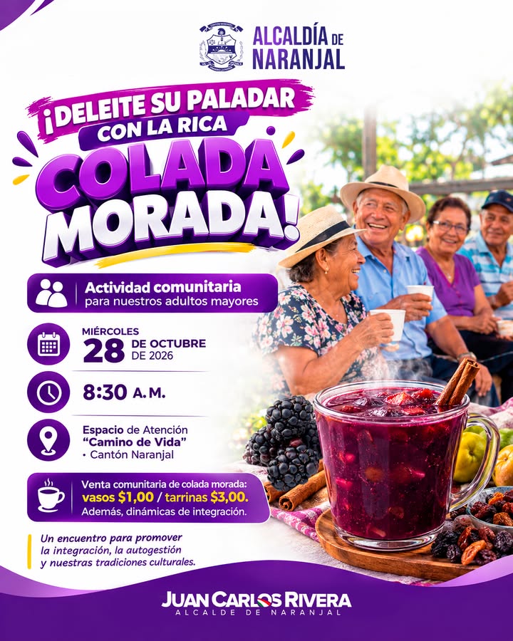 Alcaldía de Naranjal ofrece colada morada para adultos mayores el miércoles 28
