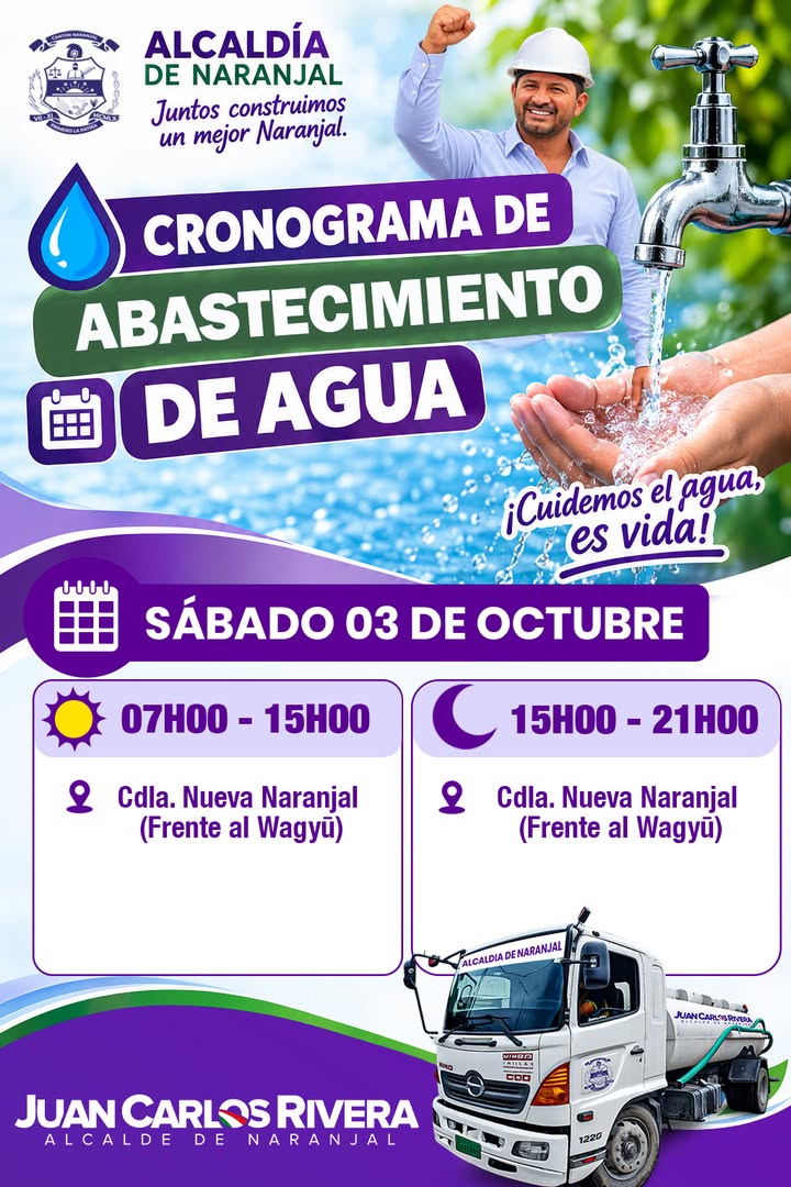 Tanquero municipal repartirá agua potable en Naranjal este sábado 3 de octubre