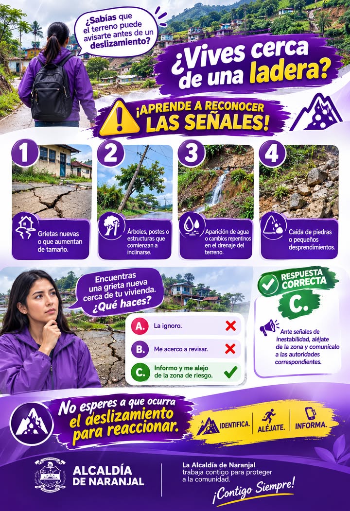 Alcaldía de Naranjal alerta sobre señales de deslizamientos y pasos a seguir