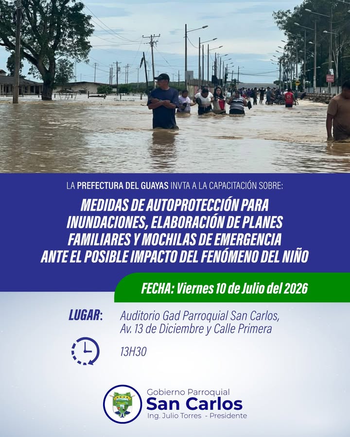 Prefectura del Guayas convoca a vecinos de San Carlos a capacitación sobre autoprotección ante inundaciones