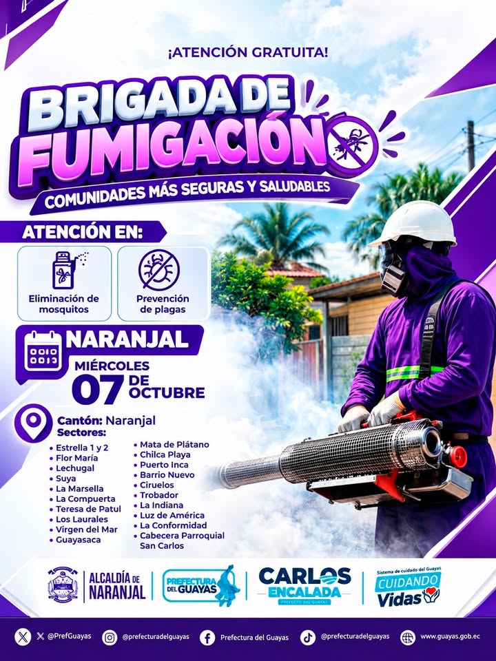 Fumigación gratuita llega a Naranjal este miércoles 7 de octubre