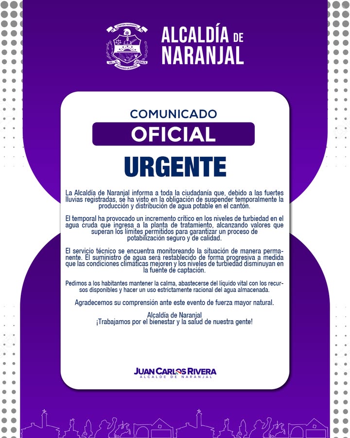 Suspensión del agua en Naranjal por lluvias y alta turbiedad