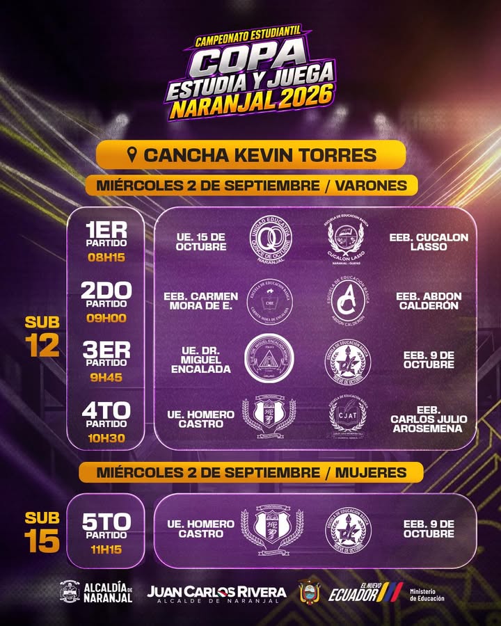 Copa Estudia y Juega Naranjal 2026: Sub 12 y Sub 15 disputan el miércoles en Kevin Torres