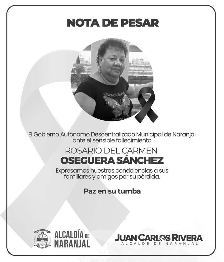 Alcaldía de Naranjal lamenta el fallecimiento de Rosario del Carmen Oseguera