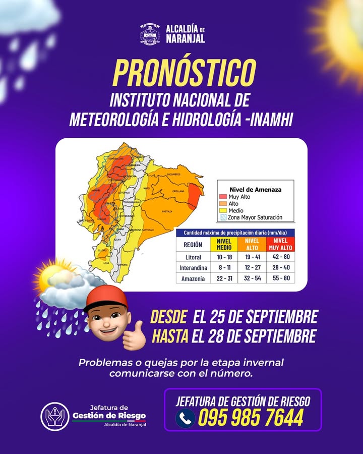 Naranjal: INAMHI emite alerta meteorológica y el municipio habilita línea de emergencias