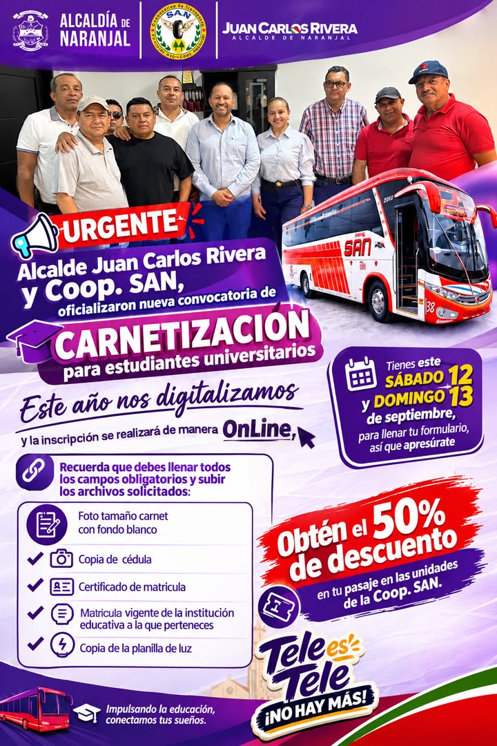 GAD Naranjal abre inscripción online para carné universitario con descuento del 50% en Coop. SAN