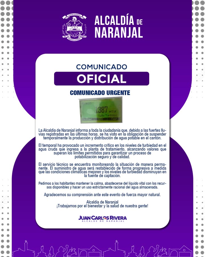 Alcaldía de Naranjal suspende el agua por lluvias y turbiedad crítica