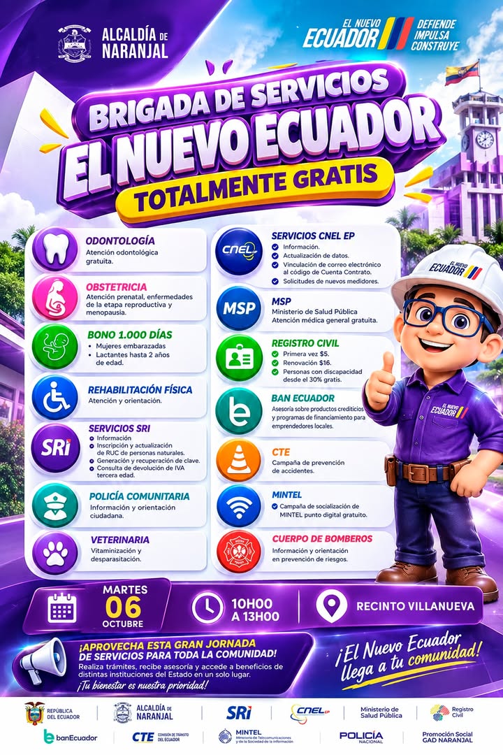 Brigada de Servicios del GAD Naranjal llegará al recinto Villanueva el 6 de octubre